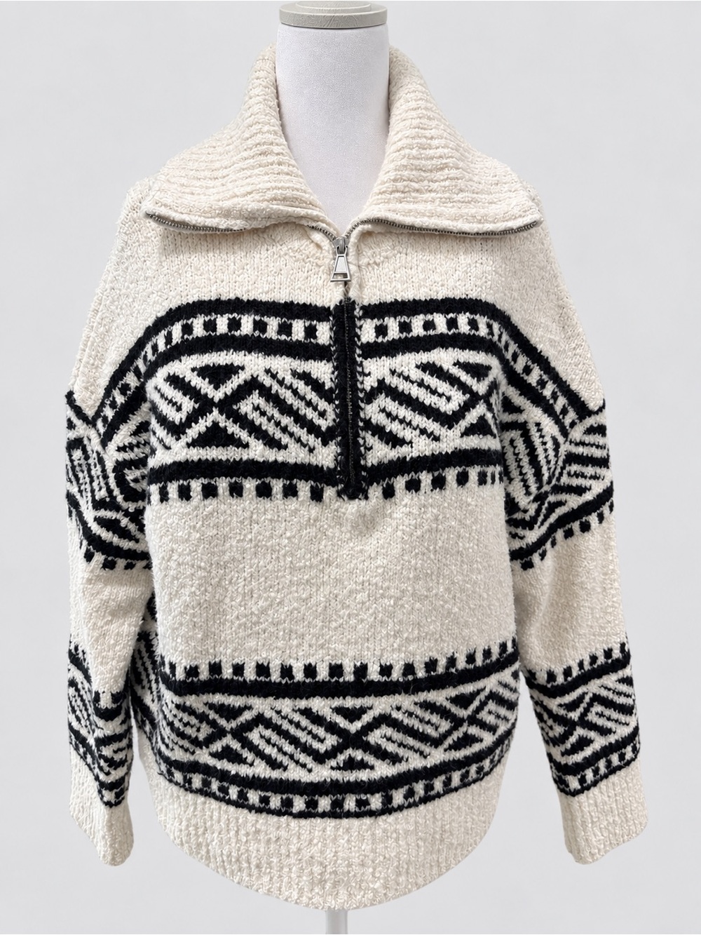 Joie Size S Ivory Black Geometric Quarter Zip Mock Neck Sweater
